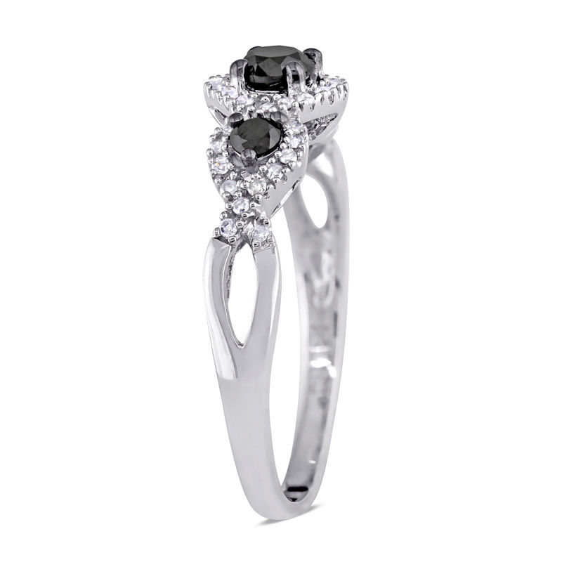 1/2 CT. T.W. Enhanced Black and White Diamond Three Stone Braided Framed Ring in 10K White Gold