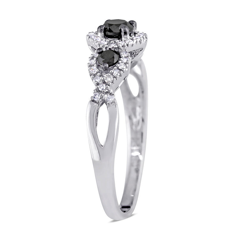 Main Image 2 of 1/2 CT. T.W. Enhanced Black and White Diamond Three Stone Braided Framed Ring in 10K White Gold