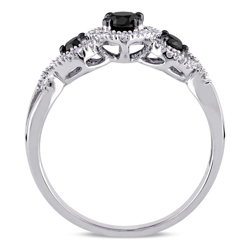 Main Image 3 of 1/2 CT. T.W. Enhanced Black and White Diamond Three Stone Braided Framed Ring in 10K White Gold