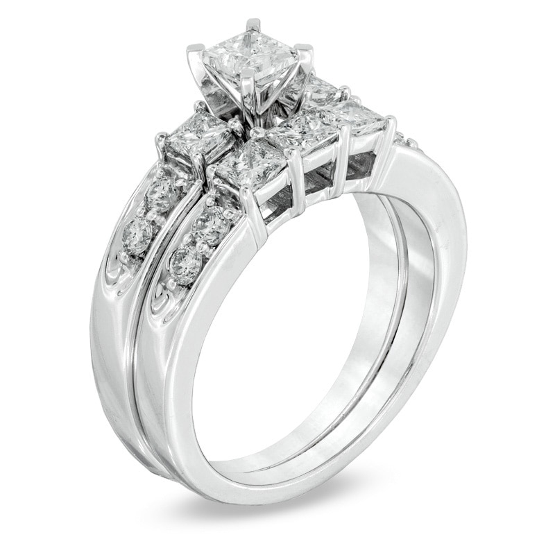 1-1/2 CT. T.W. Princess-Cut Diamond Three Stone Bridal Set in 14K White Gold