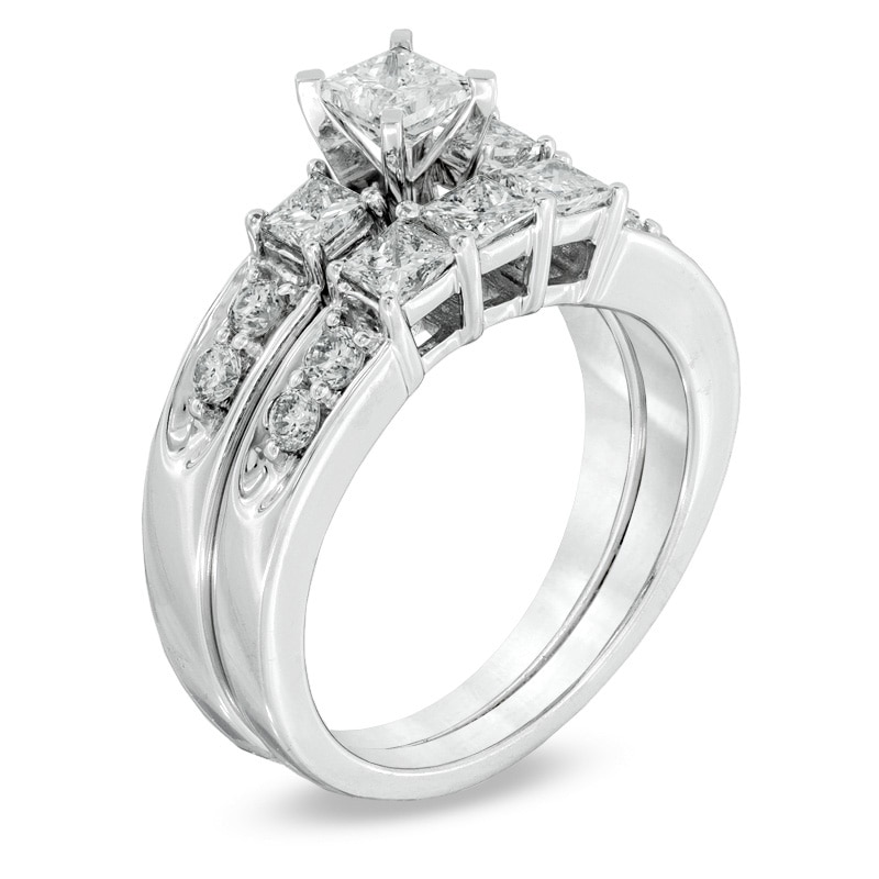Main Image 2 of 1-1/2 CT. T.W. Princess-Cut Diamond Three Stone Bridal Set in 14K White Gold