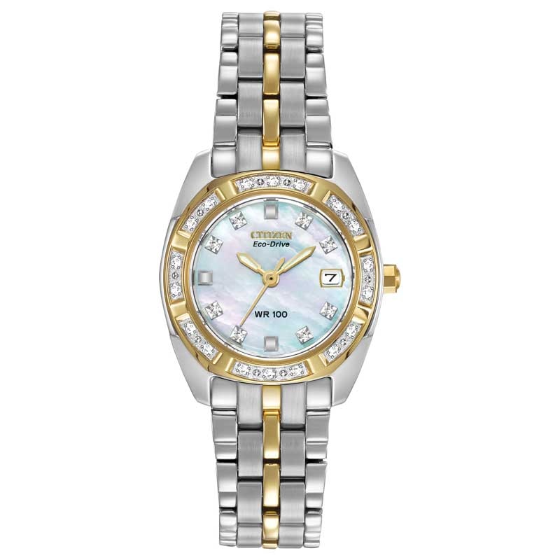 Ladies' Citizen Eco-Drive® Silhouette Two-Tone Stainless Steel Watch with Diamond Markers (Model: EW1594-55D)