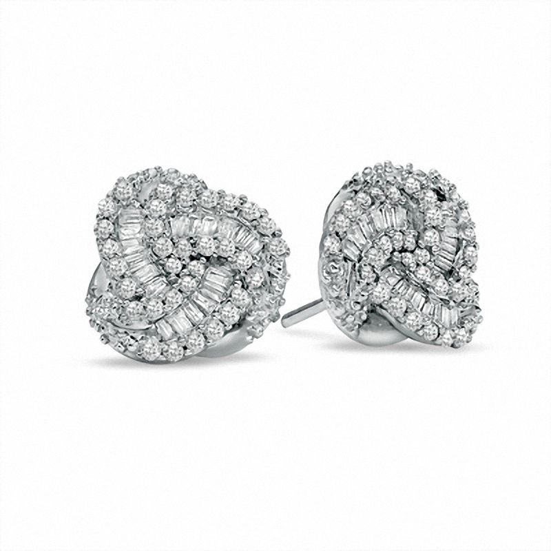 Main Image 1 of 1/2 CT. T.W. Round and Baguette Diamond Twisted Knot Earrings in 10K White Gold