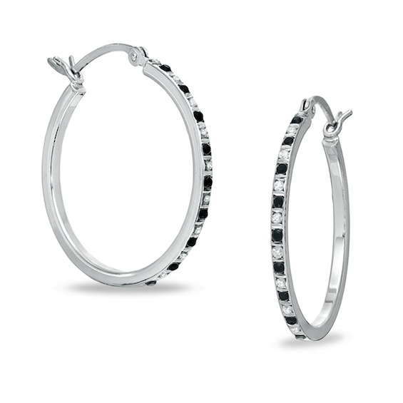 Diamond Fascination⢠Black and White Alternating Hoops in Sterling Silver