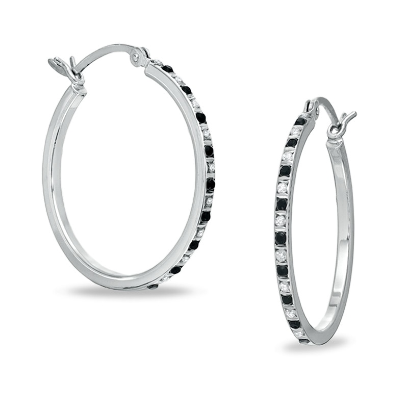 Main Image 1 of Diamond Fascination™ Black and White Alternating Hoops in Sterling Silver