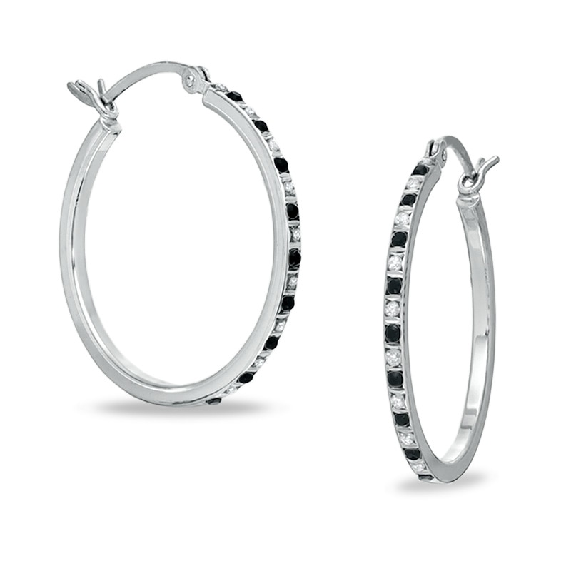 Diamond Fascination™ Black and White Alternating Hoops in Sterling Silver