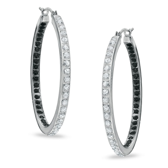 Diamond Fascination™ Black and White In and Out Hoops in Sterling Silver