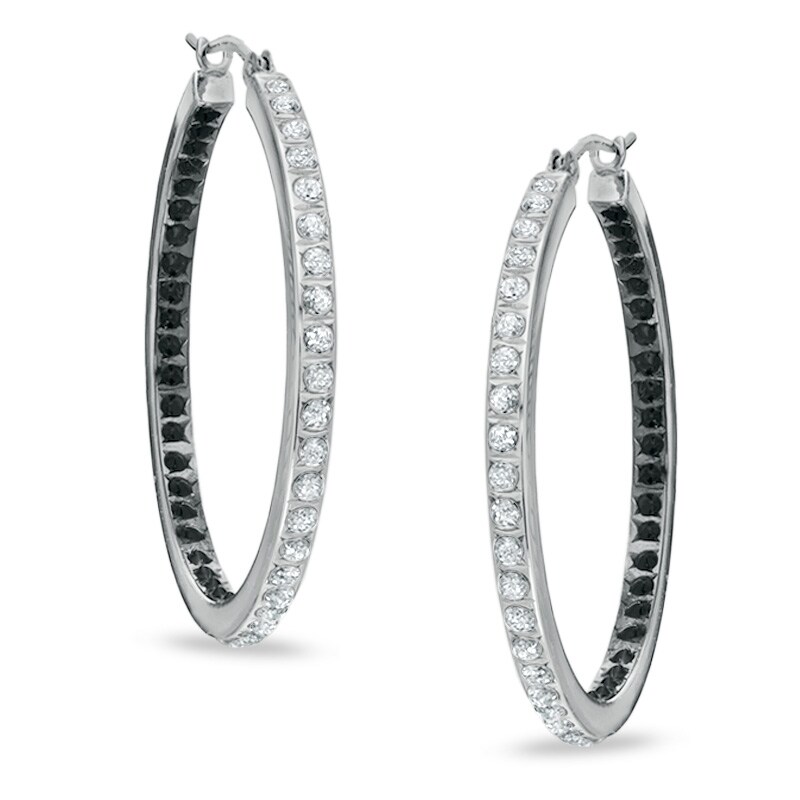 Main Image 1 of Diamond Fascination™ Black and White In and Out Hoops in Sterling Silver