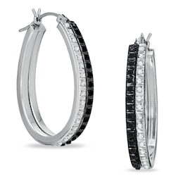 Diamond Fascination™ Black and White Double Pear-Shaped Hoops in Sterling Silver