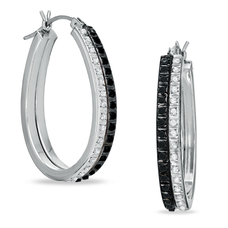Main Image 1 of Diamond Fascination™ Black and White Double Pear-Shaped Hoops in Sterling Silver