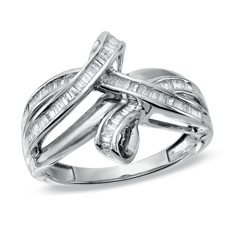 Main Image 1 of 1/2 CT. T.W. Baguette Diamond Foldover Knot Ring in 10K White Gold
