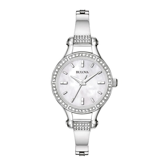 Ladies' Bulova Crystal Bangle Watch with Mother-of-Pearl Dial (Model: 96L128)