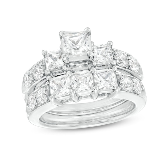 3 CT. T.w. Princess-Cut Diamond Three Stone Bridal Set in 14K White Gold