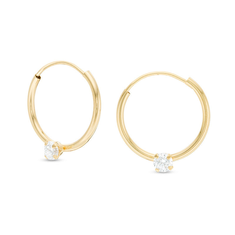 Main Image 1 of Child's Cubic Zirconia Solitaire Hoop Earrings in 14K Gold
