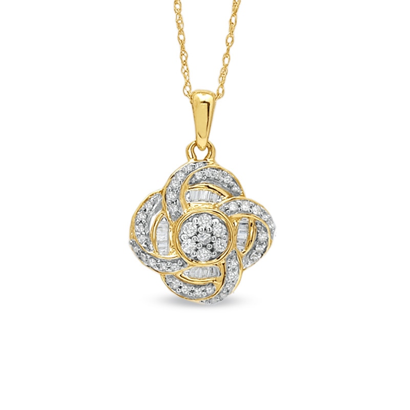 Main Image 1 of 1/3 CT. T.W. Baguette and Round Diamond Flower Petal Pendant in 10K Gold