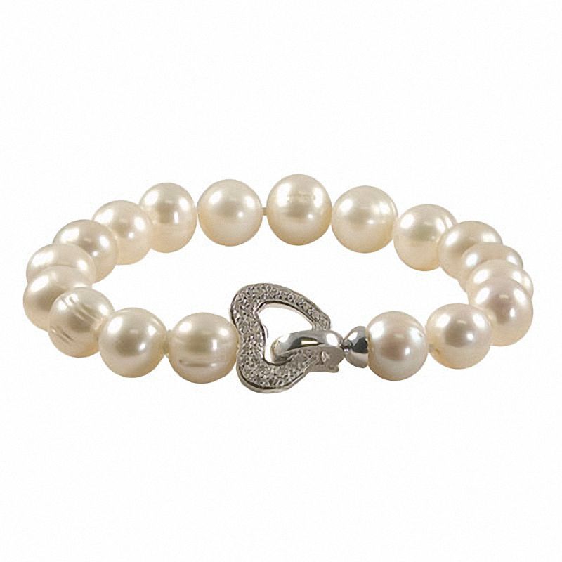 10.0 - 11.0mm Oval Cultured Freshwater Pearl Bracelet and 1/10 CT. T.W. Diamond Heart Clasp in Sterling Silver - 8.0"