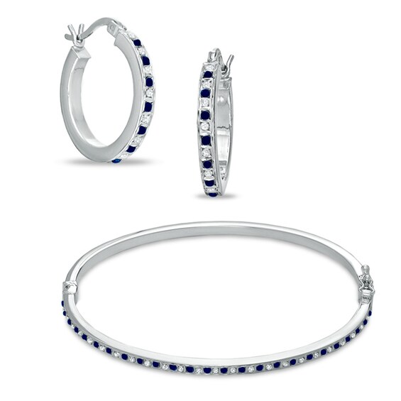 Sapphire Fascination™ and Diamond Fascination™ Hoop and Bangle Set in Sterling Silver with Platinum Plating Sapphire Fascination™ and Diamond Fascination™ Hoop and Bangle Set in Sterling Silver with Platinum Plating