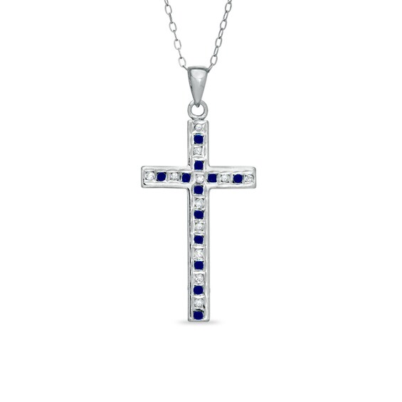 Sapphire Gemstone Fascination™ and Diamond Fascination™ Cross Pendant in Sterling Silver with Platinum Plating Sapphire Gemstone Fascination™ and Diamond Fascination™ Cross Pendant in Sterling Silver with Platinum Plating