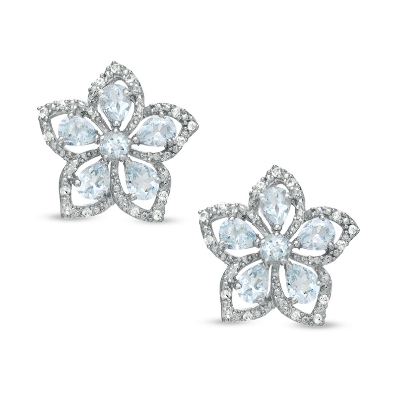 Aquamarine and White Topaz Flower Earrings in Sterling Silver