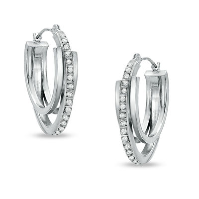 Real 14kt White Diamond Fascination Oval Hinged Hoop Earrings
