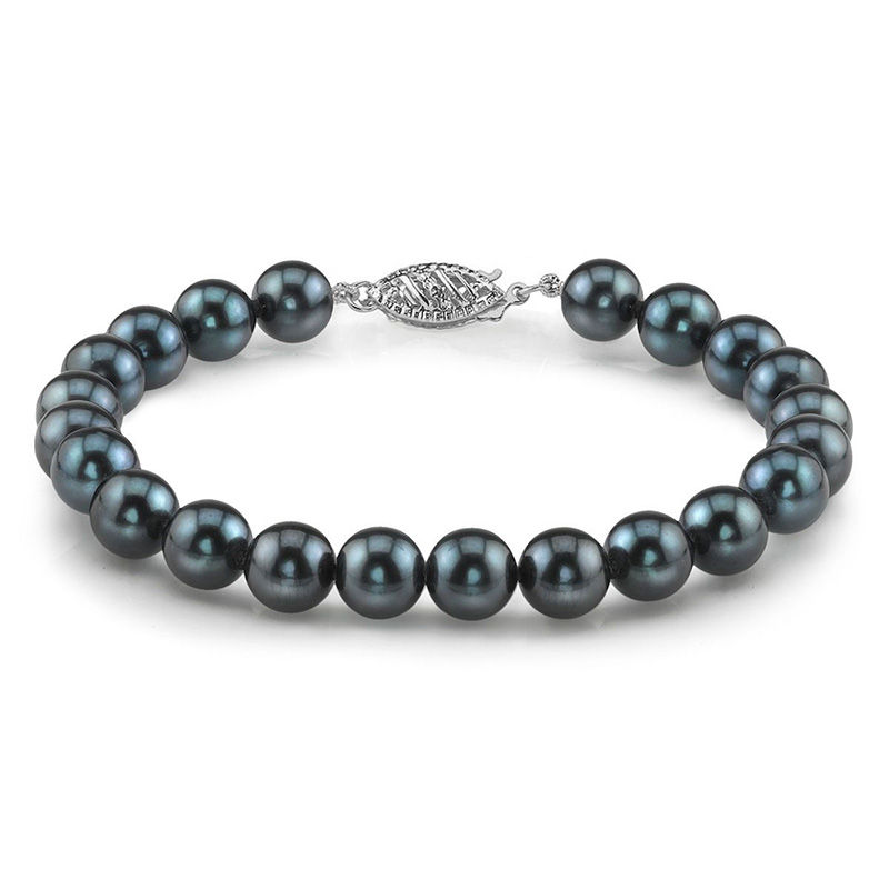 Main Image 1 of 5.5-6.0mm Dyed Black Akoya Cultured Pearl Bracelet with 14K White Gold Clasp-7.5"