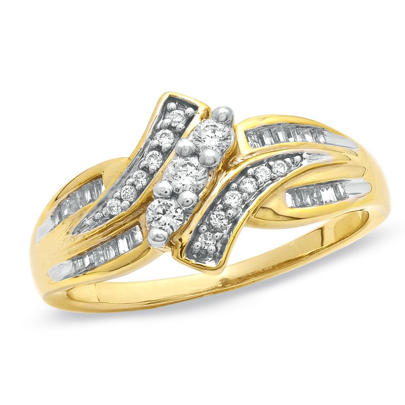 Main Image 1 of 1/3 CT. T.W. Diamond Three Stone Swirl Bypass Ring in 10K Gold
