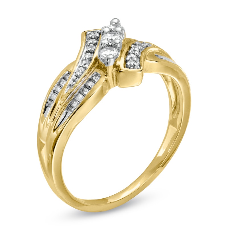 Main Image 2 of 1/3 CT. T.W. Diamond Three Stone Swirl Bypass Ring in 10K Gold