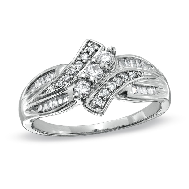 Main Image 1 of 1/3 CT. T.W. Diamond Three Stone Swirl Bypass Ring in 10K White Gold
