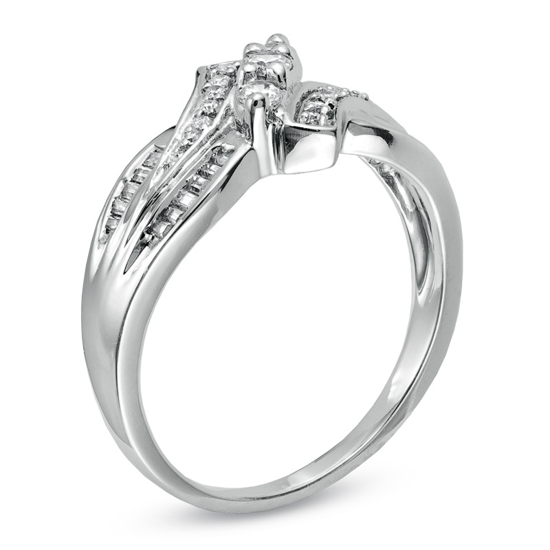 Main Image 2 of 1/3 CT. T.W. Diamond Three Stone Swirl Bypass Ring in 10K White Gold