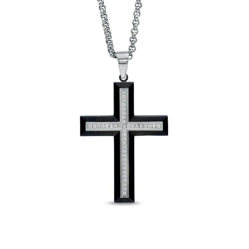 Main Image 1 of 1/4 CT. T.W. Diamond Cross Pendant in Two-Tone Stainless Steel - 24"