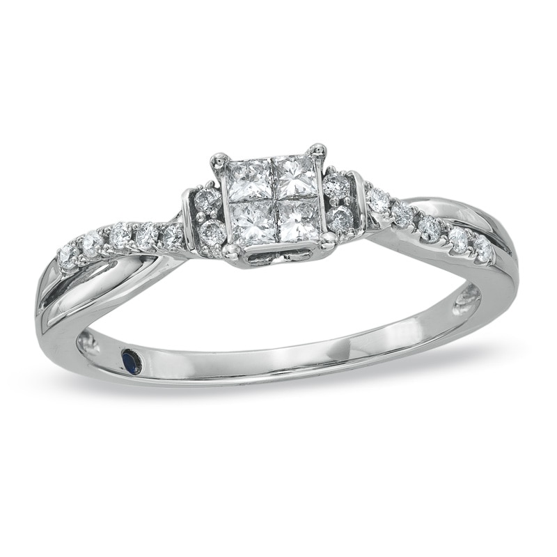 Main Image 1 of Cherished Promise Collection™ 1/4 CT. T.W. Quad Princess-Cut Diamond Wave Promise Ring in 10K White Gold