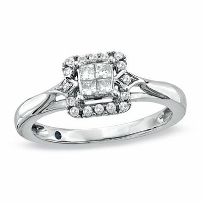 10k White Gold Quad Princess Cut Round Diamond Engagement Promise Ring Band 