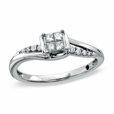 10k White Gold Quad Princess Cut Round Diamond Engagement Promise Ring Band 