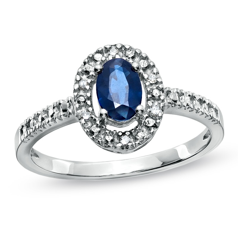 Main Image 1 of Oval Blue Sapphire and Diamond Accent Framed Engagement Ring in 10K White Gold