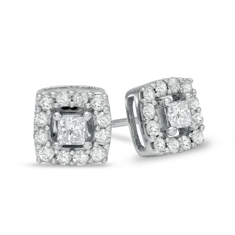 Main Image 1 of 1/2 CT. T.W. Princess-Cut Diamond Cushion Frame Stud Earrings in 10K White Gold