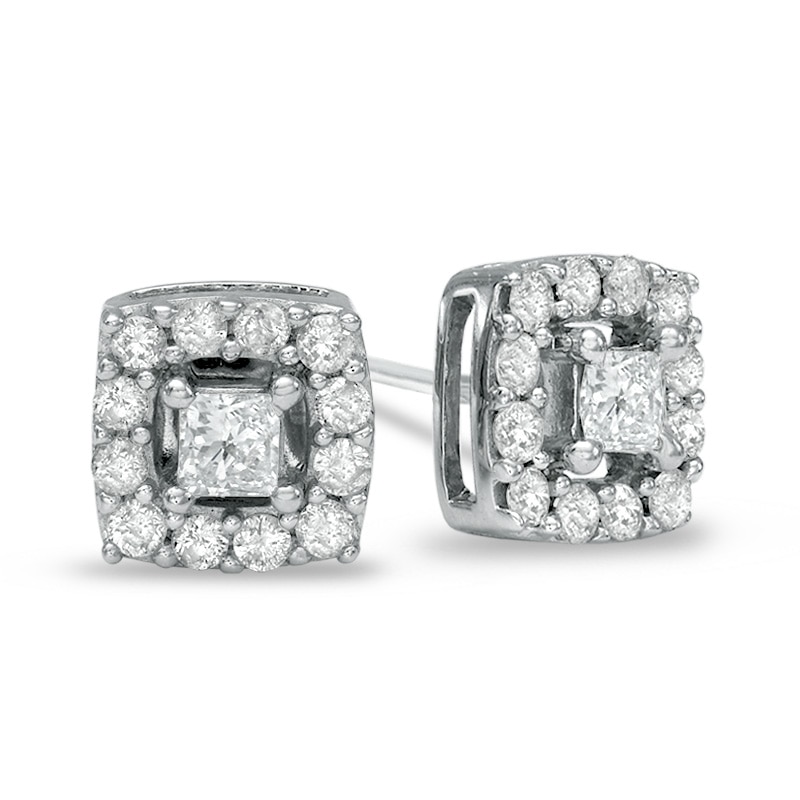 Main Image 1 of 3/4 CT. T.W. Princess-Cut Diamond Frame Stud Earrings in 10K White Gold