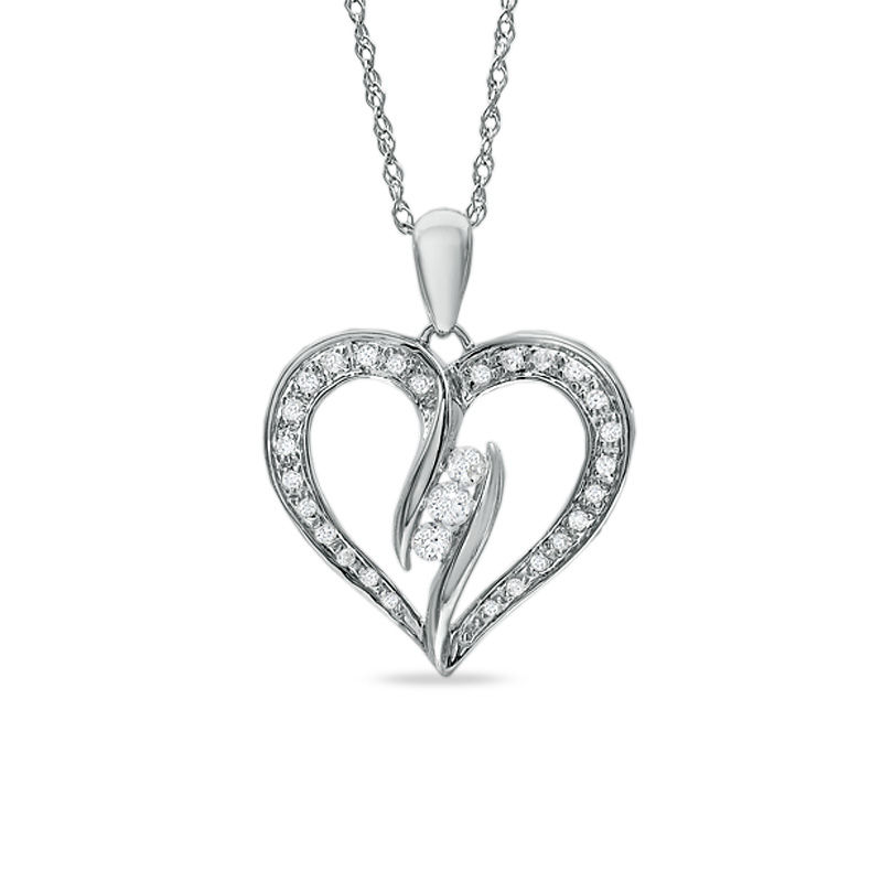 Main Image 1 of 1/4 CT. T.W. Diamond Three Stone Bypass Heart Pendant in Sterling Silver