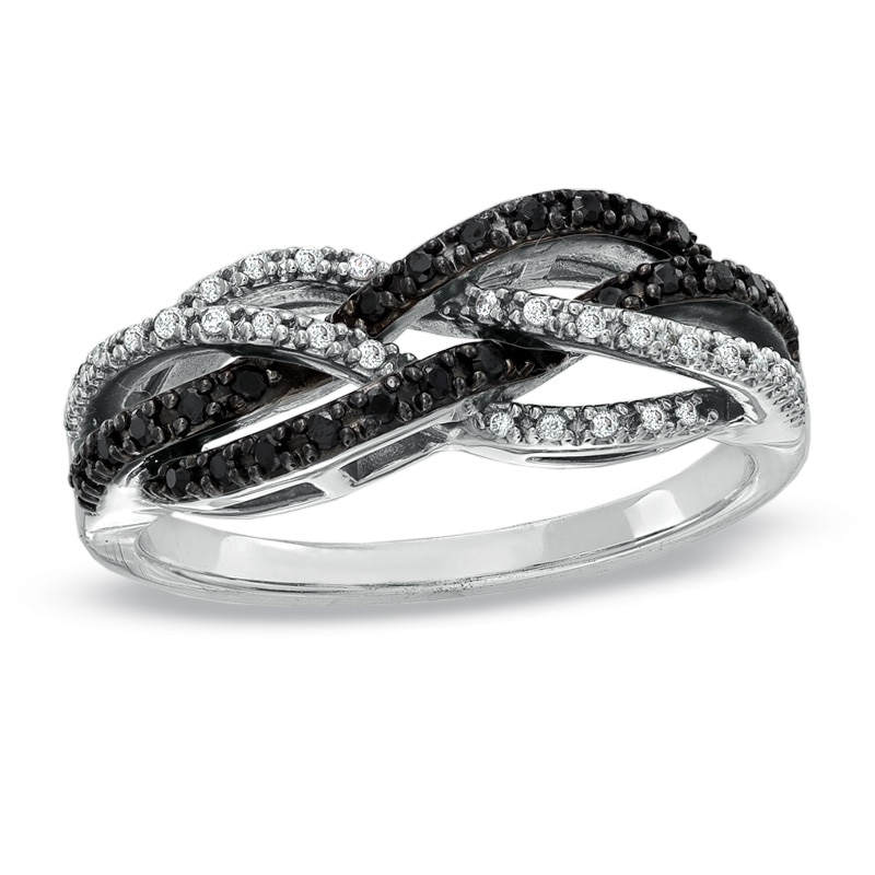 Main Image 1 of 1/4 CT. T.W.  Black and White Diamond Braided Twist Ring in 10K White Gold