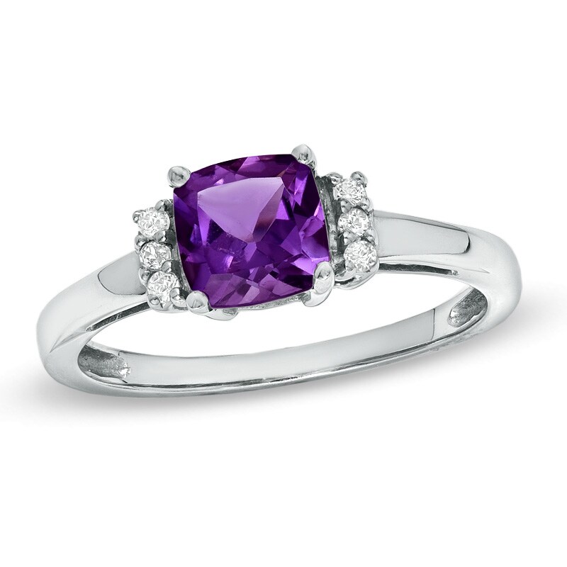 Main Image 1 of 6.0mm Cushion-Cut Amethyst and Lab-Created White Sapphire Fashion Ring in 10K White Gold