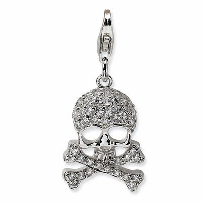Sterling Silver Solid Polished Open back Textured back Cubic Zirconia Skull Charm 