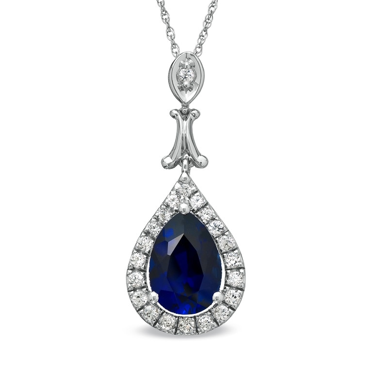 Main Image 1 of Pear-Shaped Lab-Created Blue and White Sapphire Drop Pendant in 10K White Gold