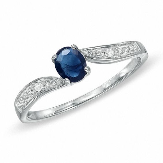 Oval Blue Sapphire and Diamond Accent Engagement Ring in 10K White Gold ...