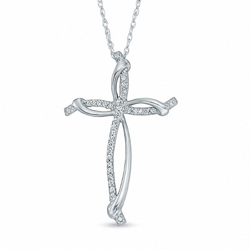 Main Image 1 of 1/10 CT. T.W. Diamond Ribbon Loop Cross Pendant in Sterling Silver