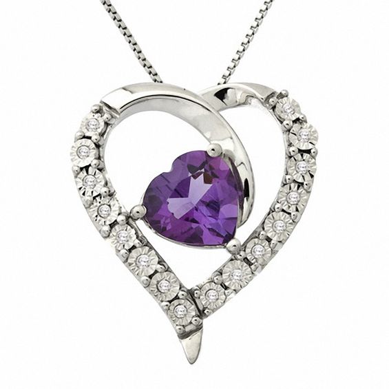 8.0mm Heart-Shaped Amethyst and 1/20 CT. T.W. Diamond Pendant in Sterling  Silver