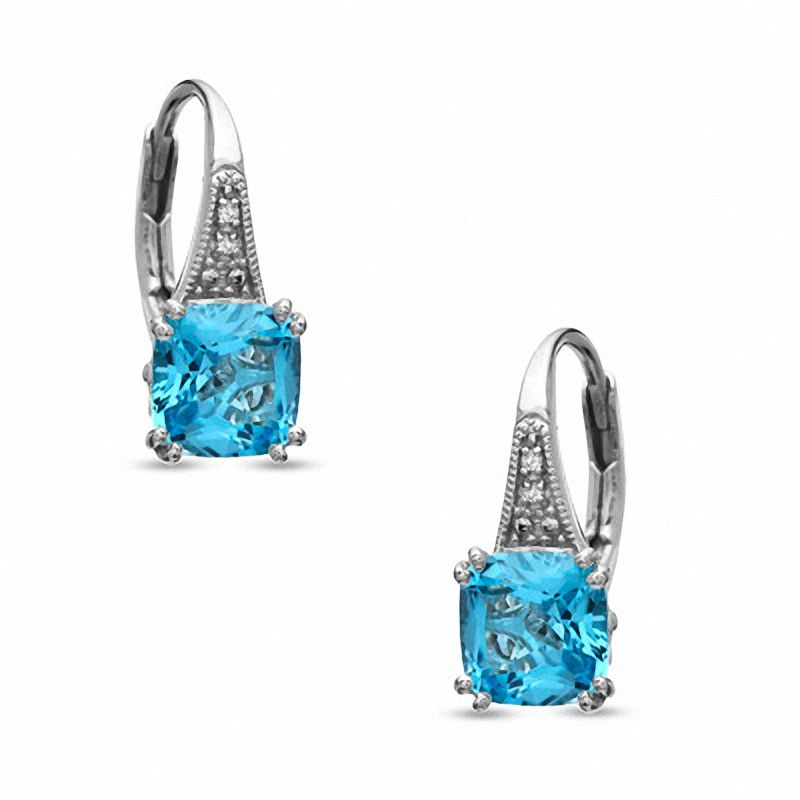 Main Image 1 of 7.0mm Cushion-Cut Blue Topaz and Diamond Accent Drop Earrings in Sterling Silver