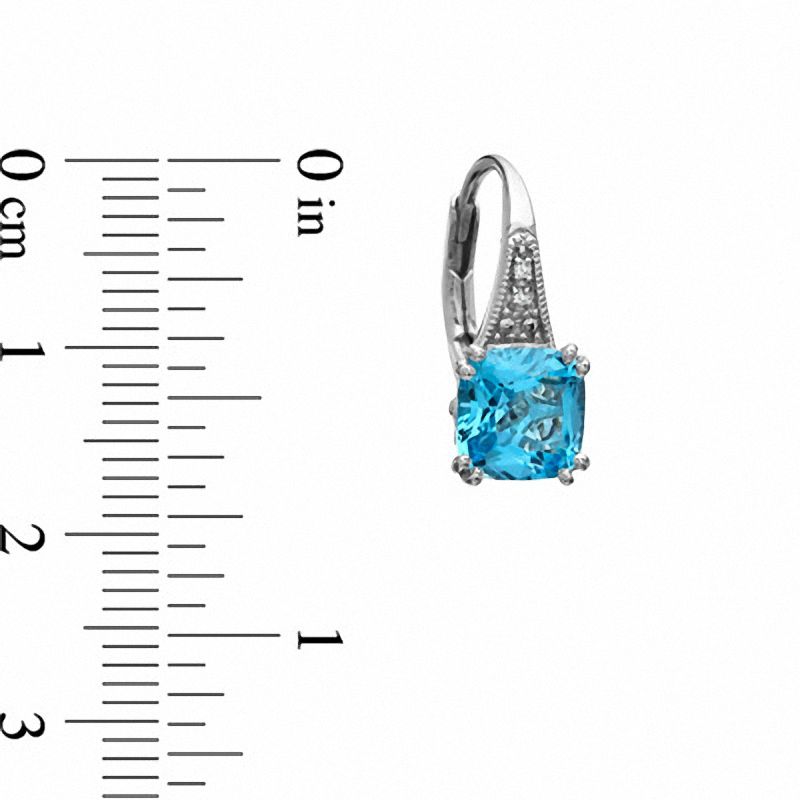 Main Image 2 of 7.0mm Cushion-Cut Blue Topaz and Diamond Accent Drop Earrings in Sterling Silver
