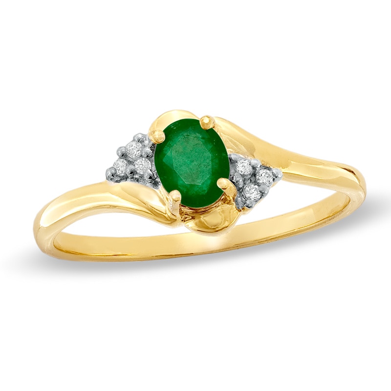 Main Image 1 of Oval Emerald and Diamond Accent Swirl Ring in 10K Gold