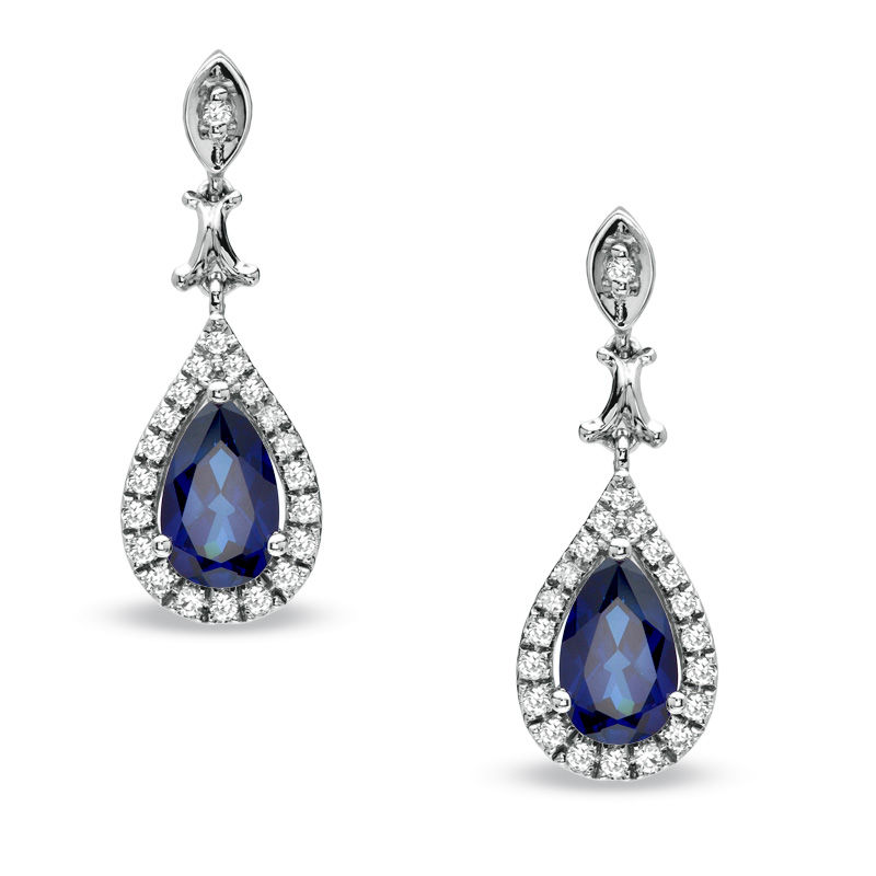 Main Image 1 of Pear-Shaped Lab-Created Blue and White Sapphire Drop Earrings in 10K White Gold