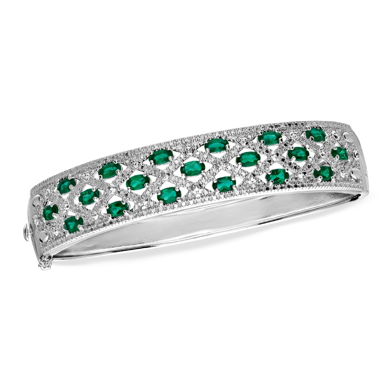 Main Image 1 of Oval Lab-Created Emerald and Diamond Accent Bangle in Sterling Silver - 7.25"
