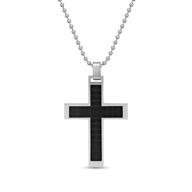 Men's Cross Pendant in Stainless Steel and Black Ion Plate - 22"